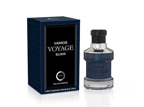 Vamos Voyage Elixir perfume bottle and packaging on a white background
