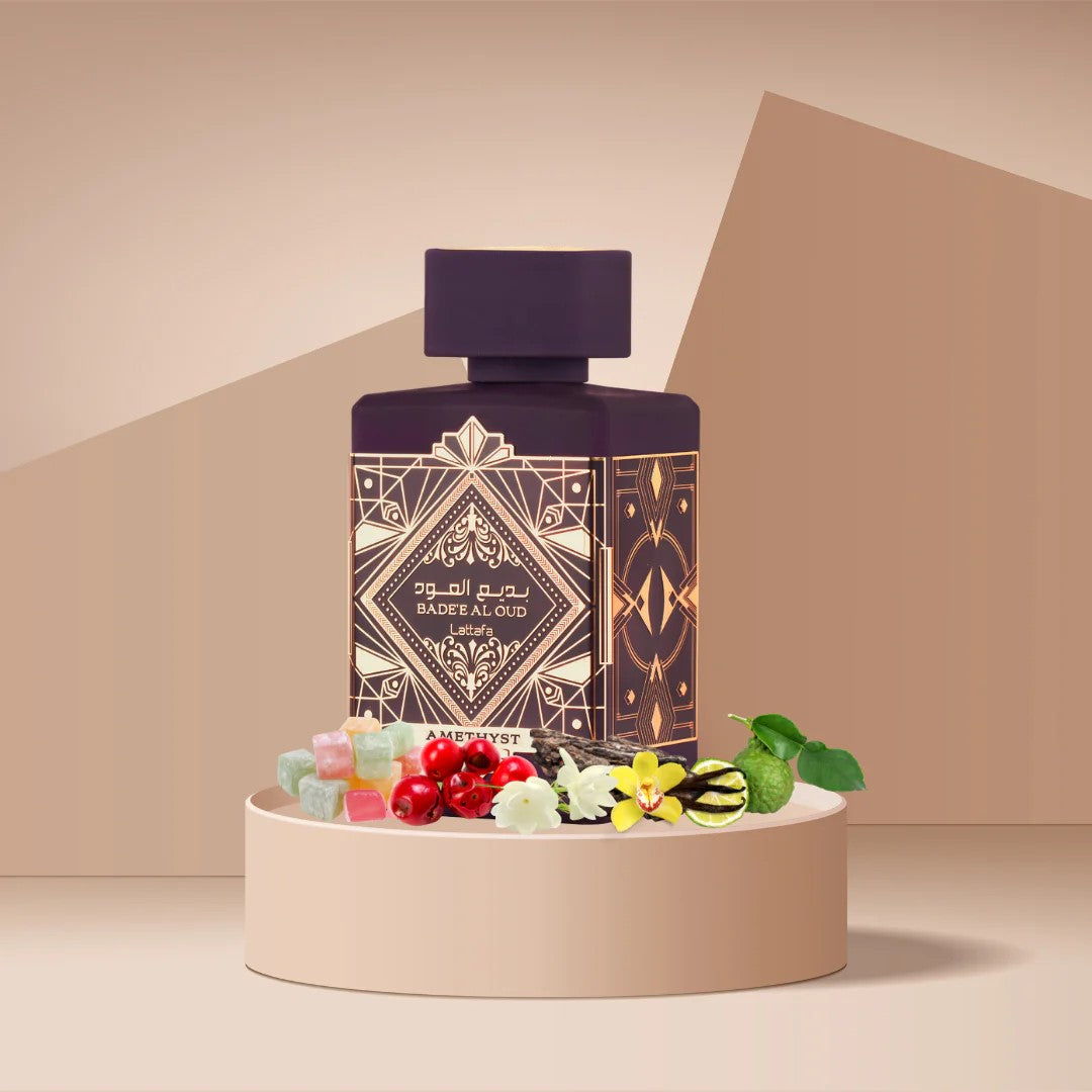 Perfume bottle with decorative design on a beige platform against a beige background