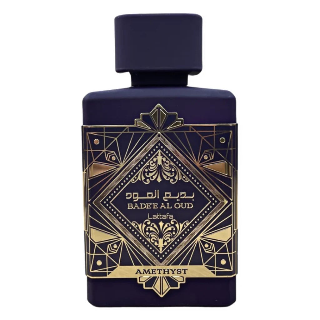 Navy blue perfume bottle with gold geometric design and text on a white background