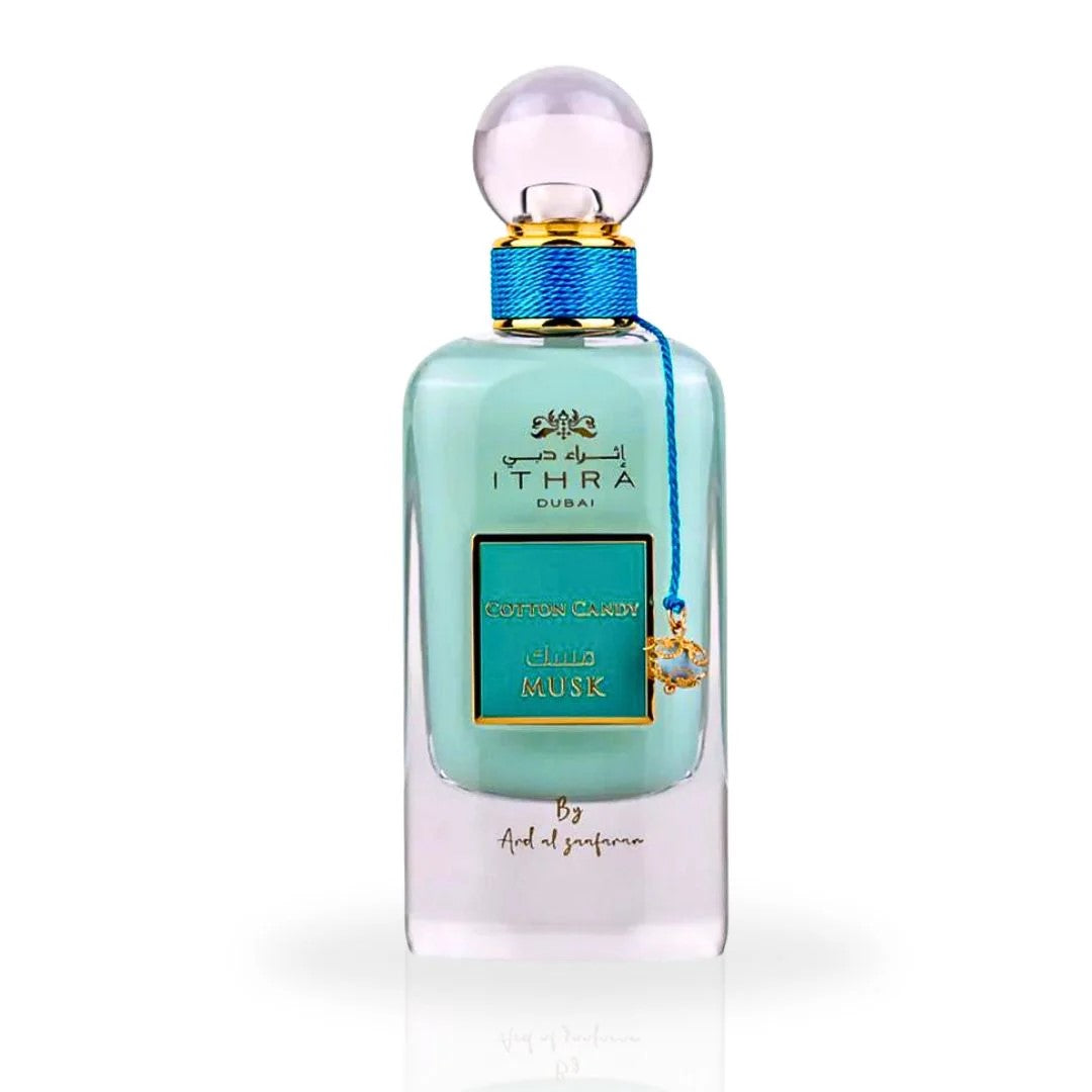 Ithra Dubai perfume bottle with turquoise cap on a white background