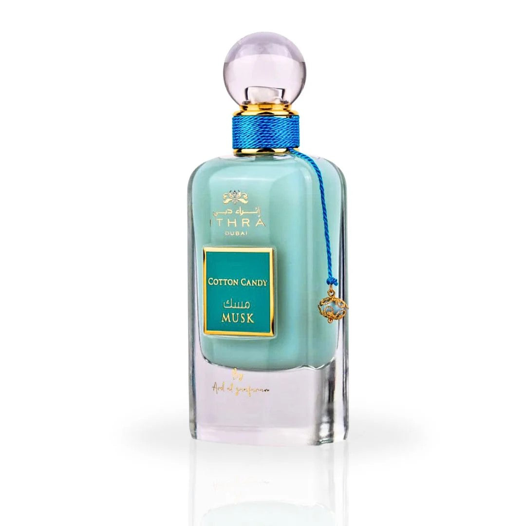 Perfume bottle with turquoise label on a white background