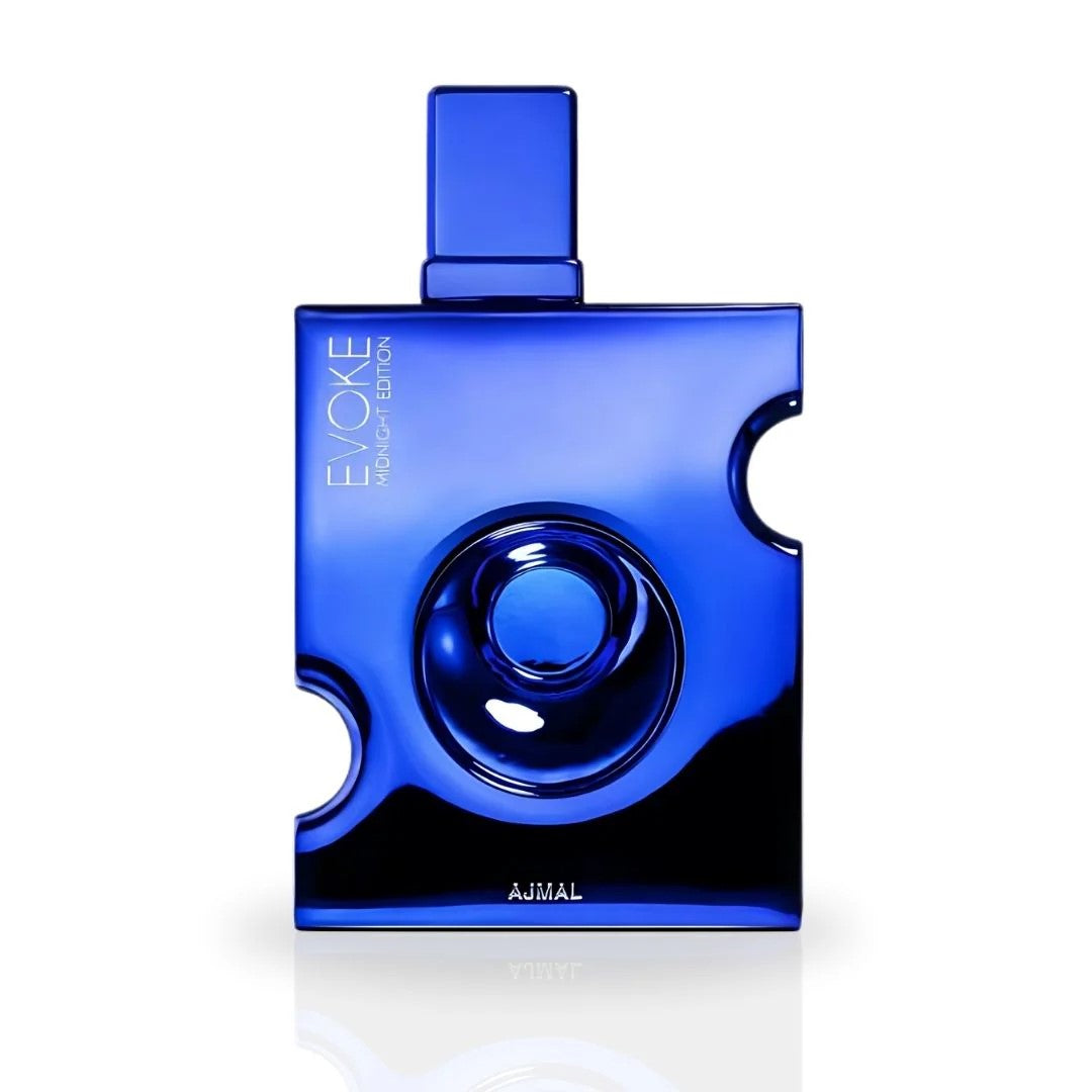 Blue perfume bottle with 'Evoke' and 'AJMAL' branding on a white background