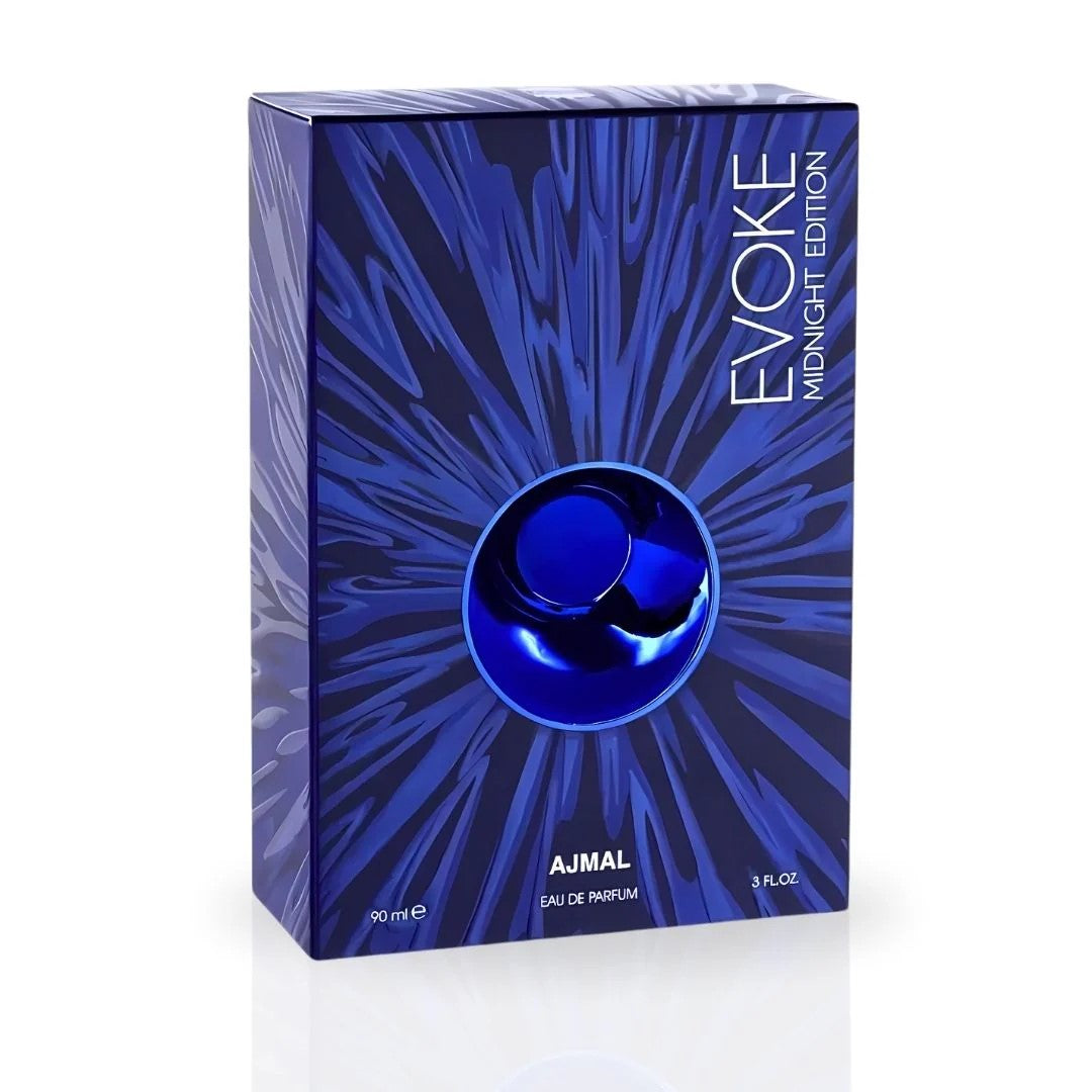 Blue packaging of Evoke Midnight Edition perfume by Ajmal on a white background