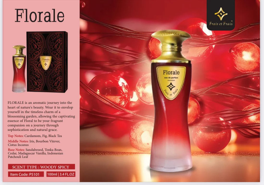 Florale perfume bottle with packaging and red fruit background