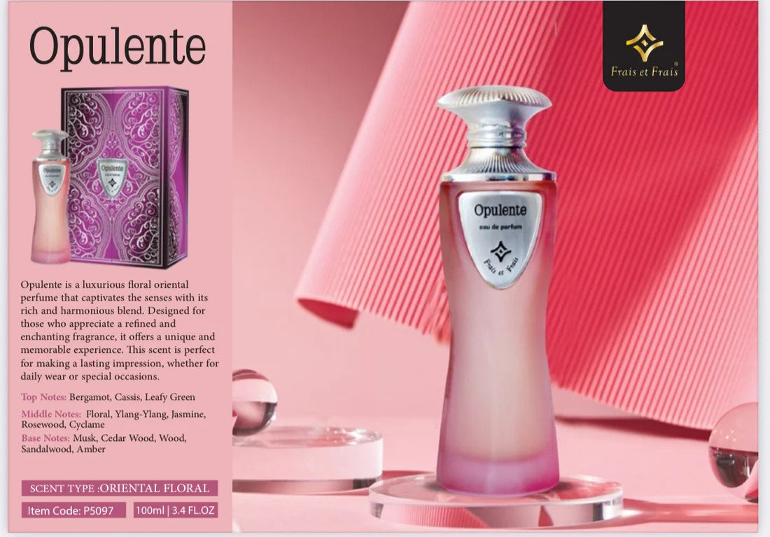 Opulente perfume bottle and packaging on a pink background