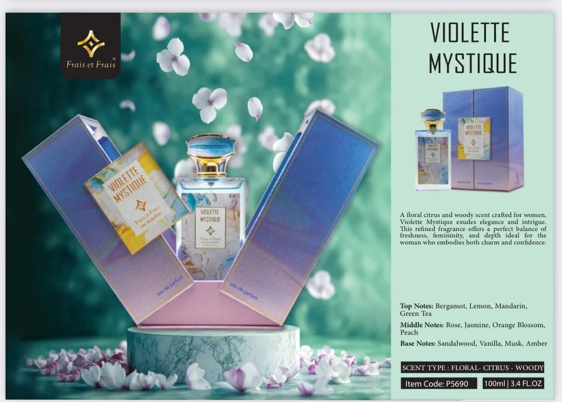 Advertisement for Violette Mystique perfume with packaging and product details.