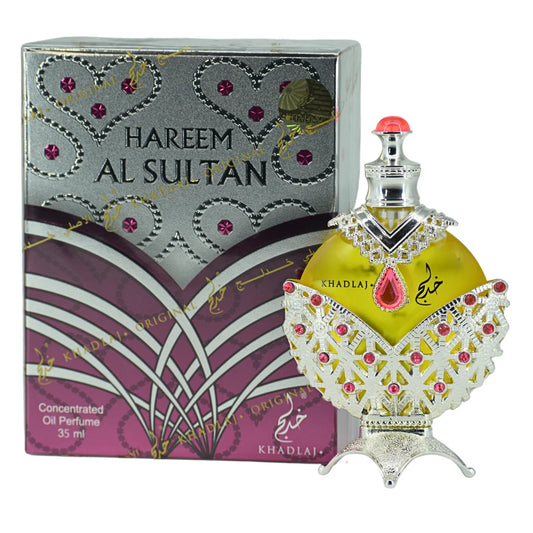 Perfume bottle and packaging of Hareem Al Sultan with intricate design