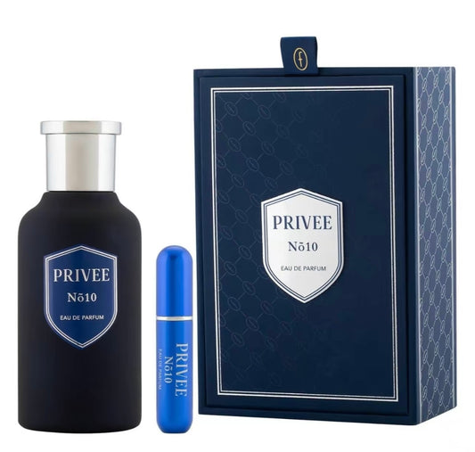Privee N510 perfume set with black bottle, blue cap, and packaging on a white background