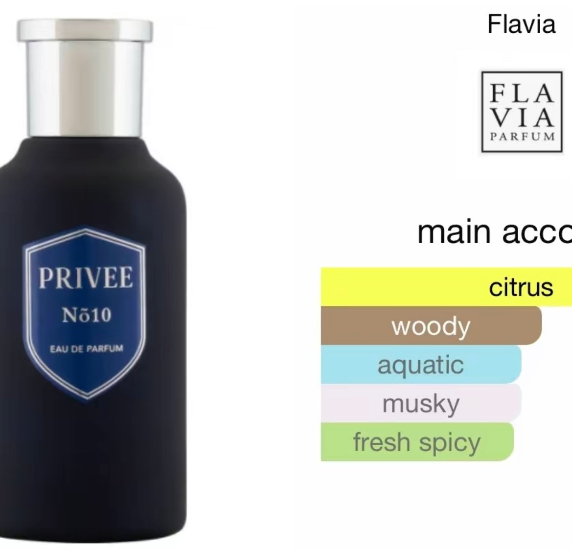 Perfume bottle labeled 'Privee No.10' by Flavia Parfum with color swatches indicating fragrance notes.