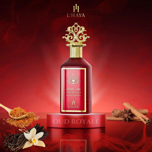 L'Haya Oud Royale perfume bottle on a red background with spices and flowers.