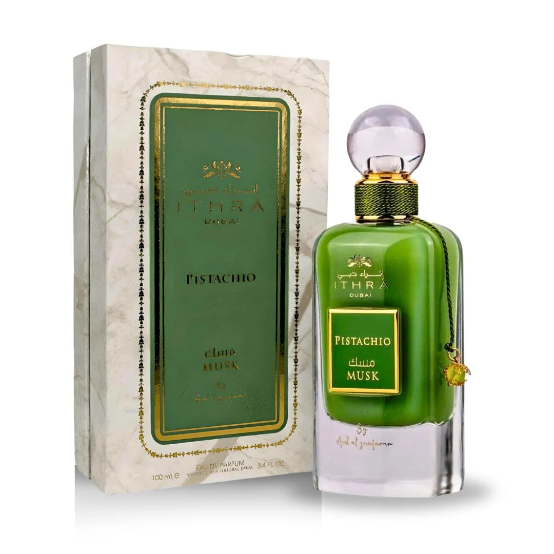 Green perfume bottle with packaging on a white background