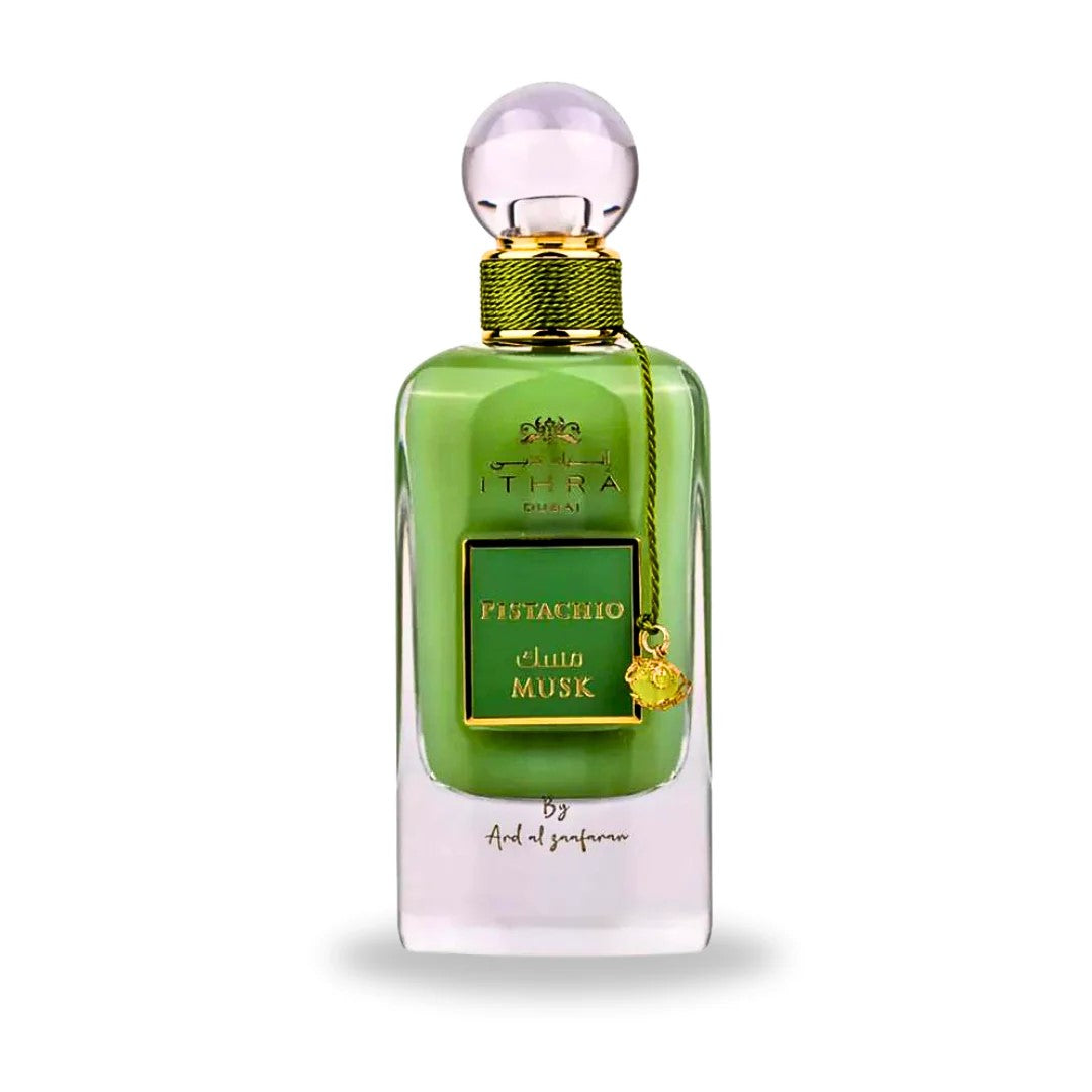 Green perfume bottle with gold accents on a white background