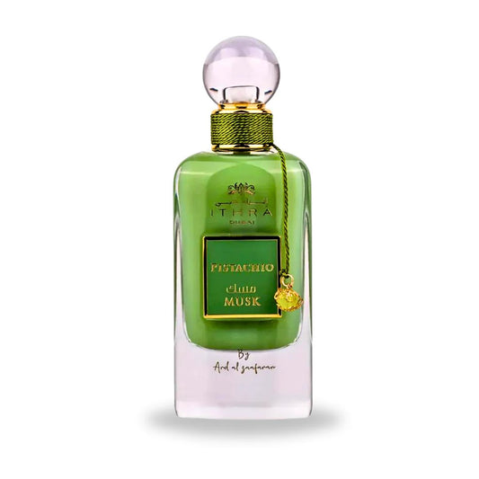 Green perfume bottle with gold accents on a white background
