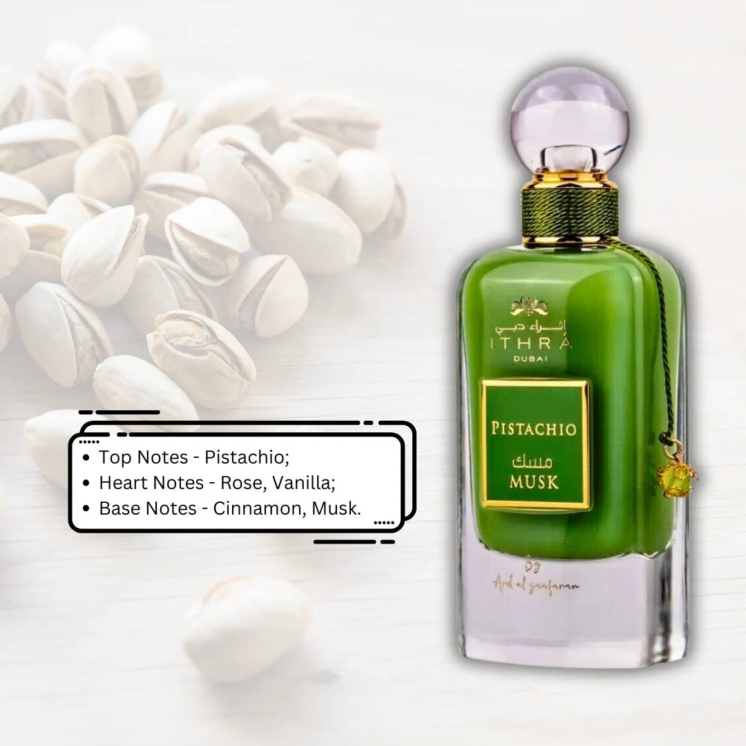 Green perfume bottle with pistachio flavor details on a white background