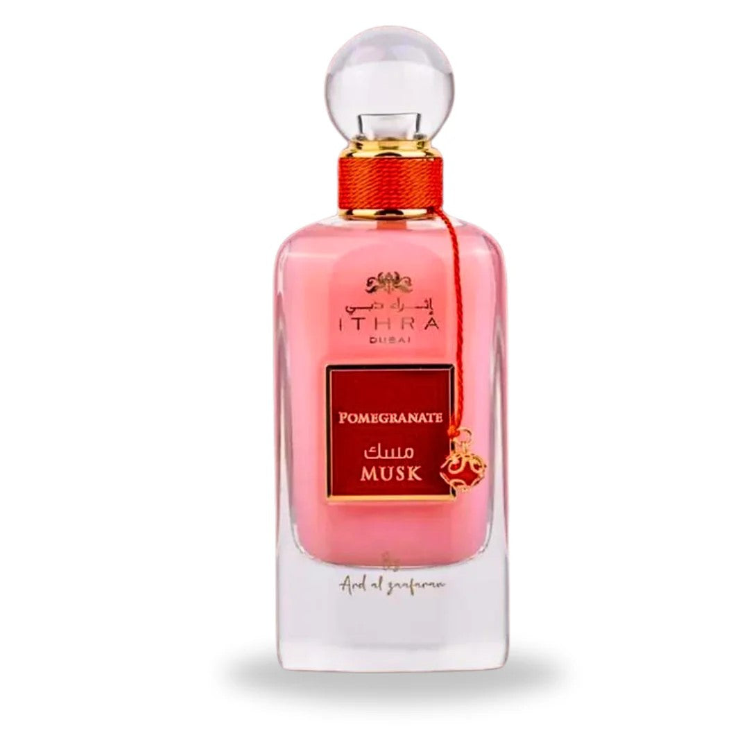 Perfume bottle with pink label on a white background