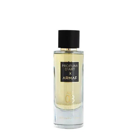 Perfume bottle with black cap and visible branding on a white background
