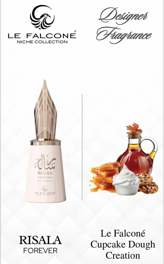 Advertisement for Le Falconé fragrances with 'RISALA Forever' and 'Cupcake Dough Creation' displayed.