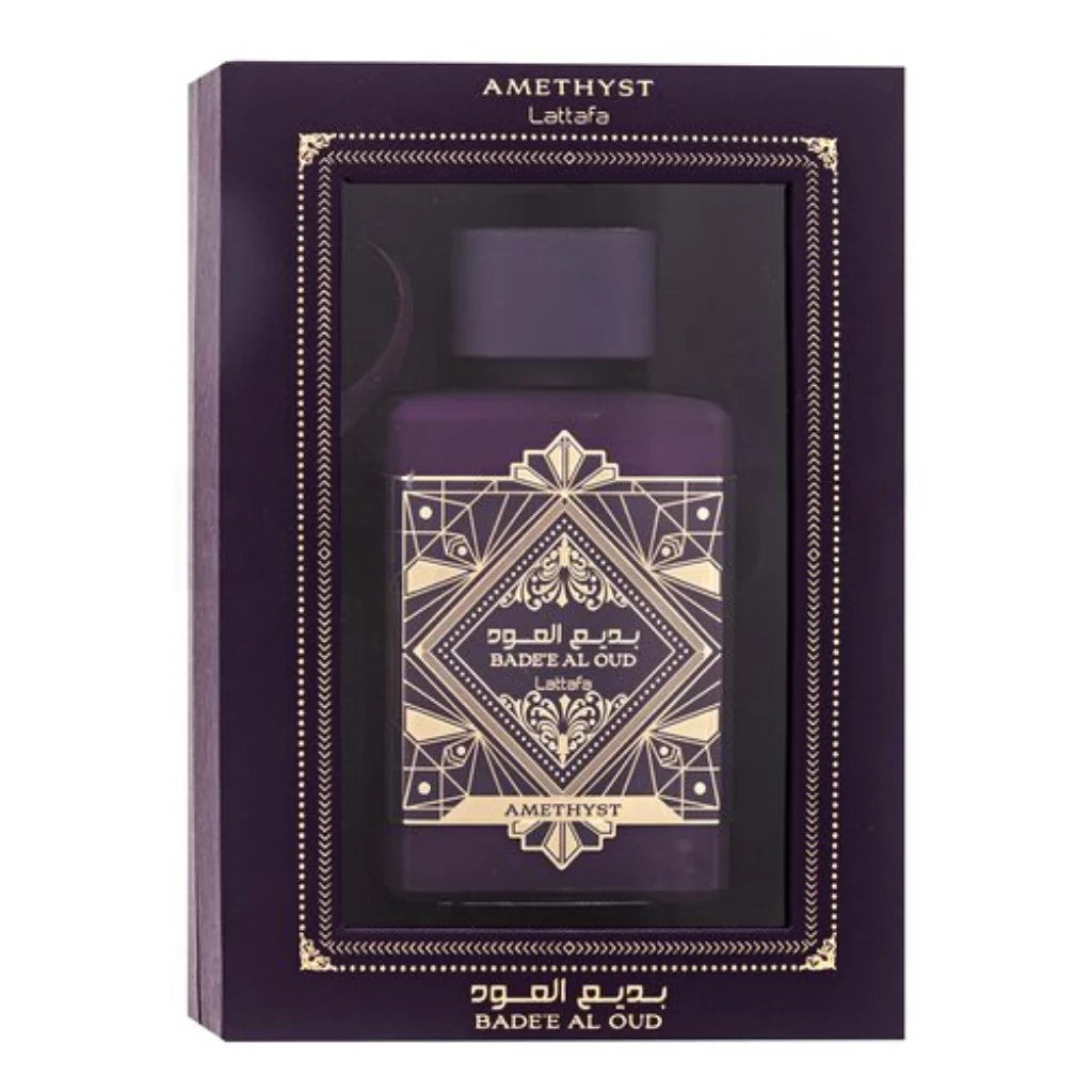 Amethyst Badee Al Oud perfume bottle in packaging on a white background