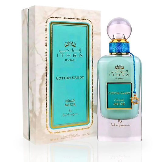 Ithra Dubai Cotton Candy Eau de Parfum bottle and packaging on a white background